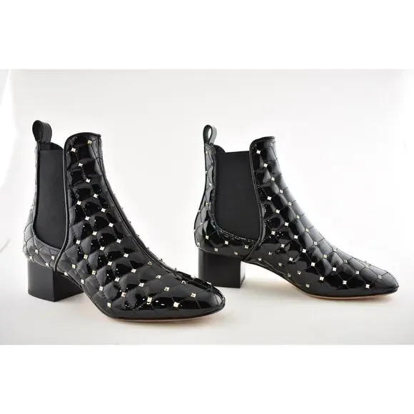 Valentino Rockstud Chelsea Spike Black Patent Stud Heel Short Ankle Bootie 37